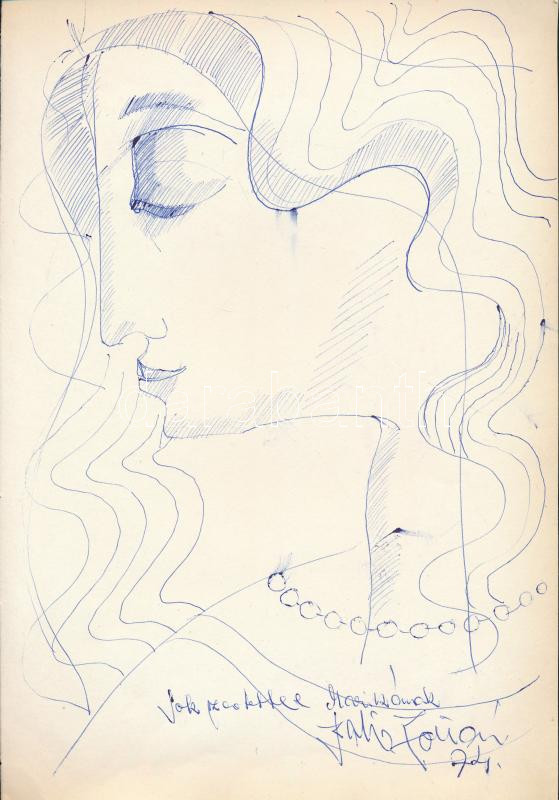 Angyalföldi Szabó Zoltán (1929-2014): Női arckép, 1974. Golyóstoll, papír, jelezve jobbra lent, Angyalföldi Szabó Zoltán autográf ajándékozási soraival. 30x21 cm.