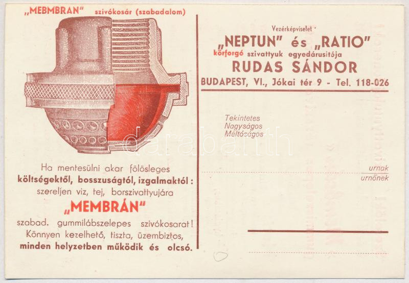 Membran szívókosár (szabadalom). Neptun és Ratio körforgó szivattyúk egyedárusítója Rudas Sándor, reklám. Budapest, Jókai tér 9.