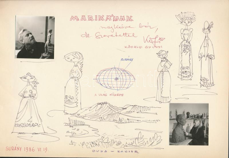 Kőfalvy (Kőfalvi) Gyula (1920-1986): Dunakanyar, Surány, a világ közepe, 1986. Golyóstoll, fotó, kollázs, papír, jelzett, autográf ajándékozási sorokkal. 21x30 cm.