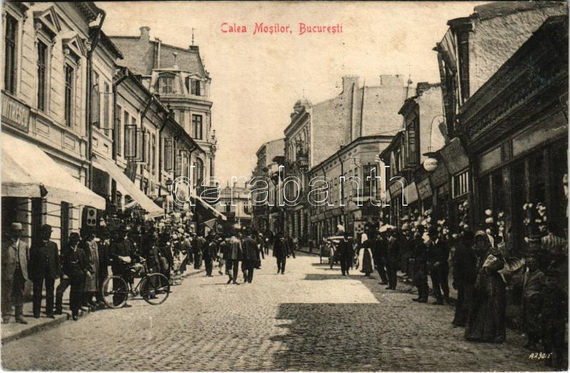 1909 Bucharest, Bukarest, Bucuresti, Bucuresci; Calea Mosilor / street view, shops, bicycle (r)