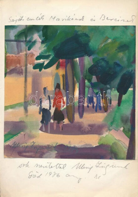 Uhrig Zsigmond (1919-1993): Szigeti emlék (sétálók), 1974. Akvarell, papír, jelzett, papírra kasírozva, Uhrig Zsigmond autográf ajándékozási soraival. 20x19,5 cm.