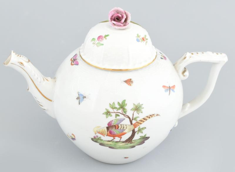 Herendi fácános teáskanna, rózsán lepattanások, kopott, jelzett, m: 18 cm
