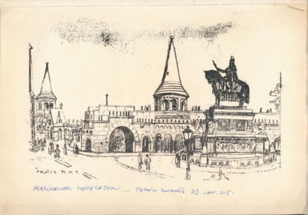 Takács Zoltán (1940-): Halászbástya. Nyomat, papír, jelzett, papírra kasírozva, Takács Zoltán autográf ajándékozási soraival 1973-ból. 19x29 cm.