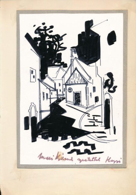 Hegyi György (1922-2001): Szentendrei részlet. Tus, papír, jelzett, kartonra és papírra kasírozva, Hegyi György autográf ajándékozási soraival. Lap alján apró folttal. 23x15,5 cm.