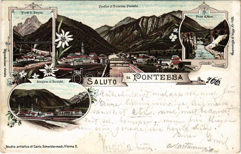 1897 (Vorläufer!) Pontebba, Ponte di Dogna, Confine di Pontebba-Pontafel, Ponte di Muro, Stazione di Pontafel / bridges, railway station. Carlo Schwidernoch No. 1429. Art Nouveau, floral, litho (EB)