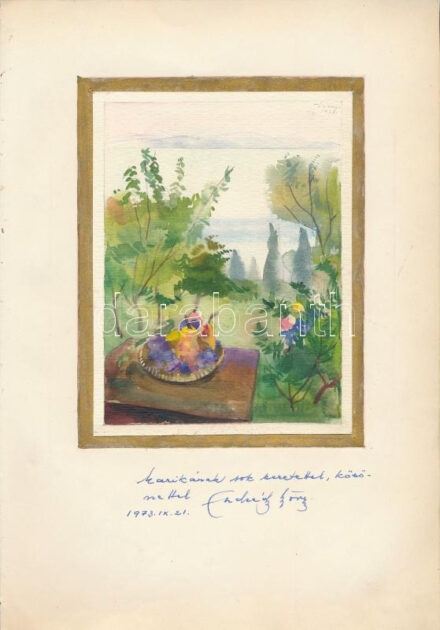 Endrédy György (1910-1988): Csendélet, Tihany, 1973. Akvarell, papír, jelzett, papírra kasírozva, Endrédy György autográf ajándékozási soraival 1973-ból. 15x11 cm.