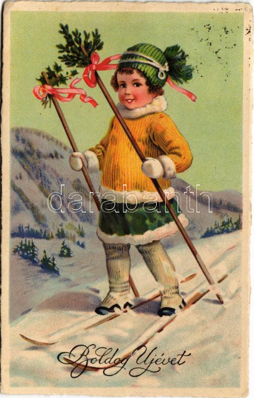 1934 Boldog újévet! síelő leány / New Year, skiing girl. Erika Nr. 5016. litho (EK) + 'KELEBIA-BUDAPEST 18' vasúti mozgóposta