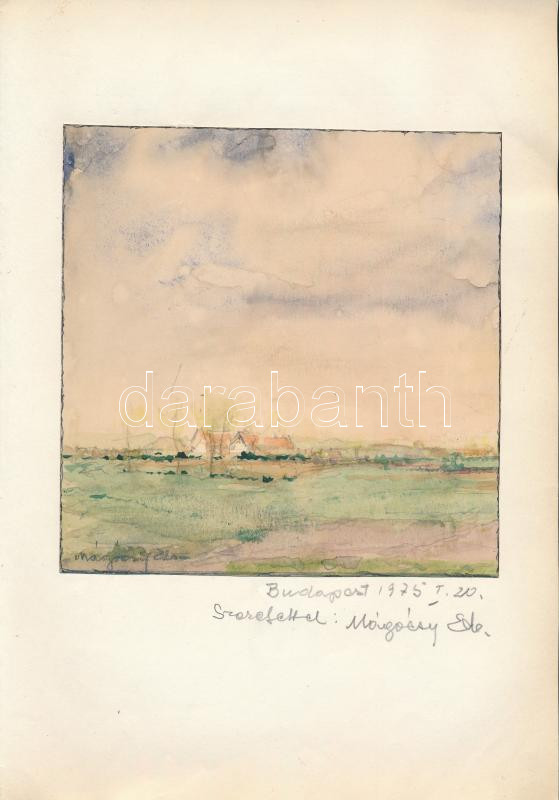 Csillag Józsefné Mágócsy Etus (1900 k-?): Alföldi táj. Akvarell, papír, jelzett, papírra kasírozva, Mágócsy Etus autográf ajándékozási soraival 1975-ből. 16,5x16 cm.