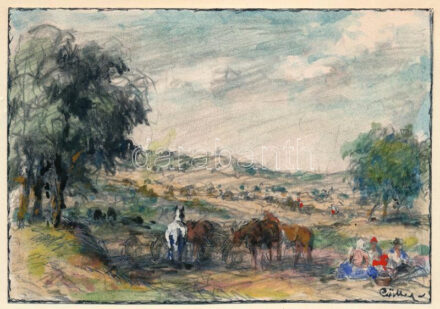 Csillag József (1894-1977): Lovak és emberek a tájban. Akvarell, ceruza, papír, jelzett, papírra kasírozva, Csillag József autográf ajándékozási soraival 1975-ből. 10x14 cm.