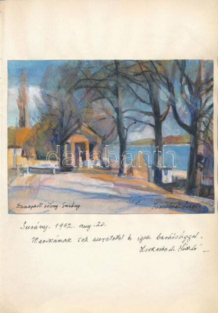 Zirkelbach László (1916-2014): Dunaparti sétány, Surány (Dunakanyar). Akvarell, ceruza, papír, jelzett, papírra kasírozva, Zirkelbach László autográf ajándékozási soraival 1992-ből. 14,5x19,5 cm.