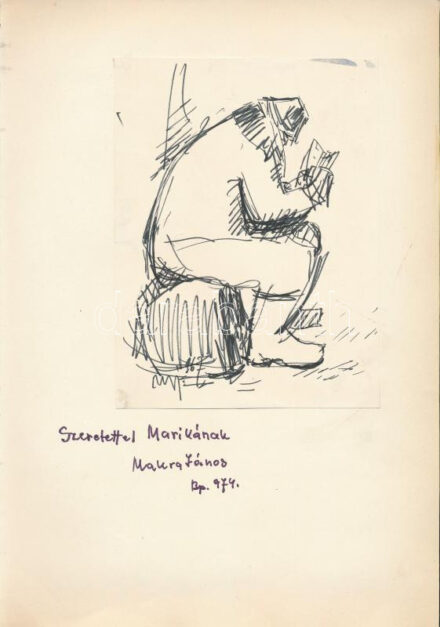 Makra János (1920-1991): Olvasó alak, 1967. Tus, papír, jelzett, papírra kasírozva, Makra János autográf ajándékozási soraival 1974-ből. 16,5x12 cm.