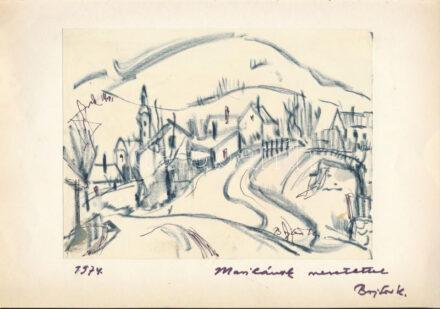 Bojtor Károly (1933-1999): Dombok közt. Filctoll, papír, jelzett, papírra kasírozva, Bojtor Károly autográf ajándékozási soraival 1974-ből. 15,5x21 cm.