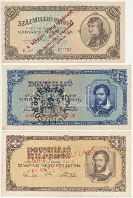 1945. 1000P 'Spartacus Turisták IX. Találkozója Harkány 1969. május. 23-25.' felülbélyegzéssel + 1945. 1.000.000P 'BUÉK 1969' felülbélyegzéssel + 1945. 10.000.000P 'Szabad május 1. első évfordulója' felülbélyegzéssel' + 1946.
