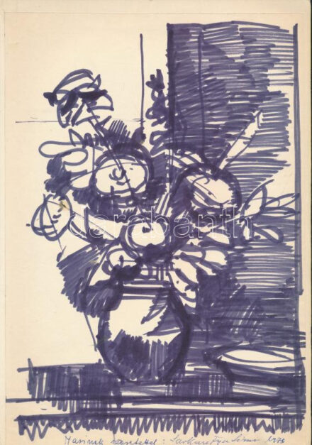 Sarkantyu Simon (1921-1989): Csendélet. Filctoll, papír, jelzett, papírra kasírozva, Sarkantyu Simon autográf ajándékozási soraival 1970- es évekből. 29x20 cm.