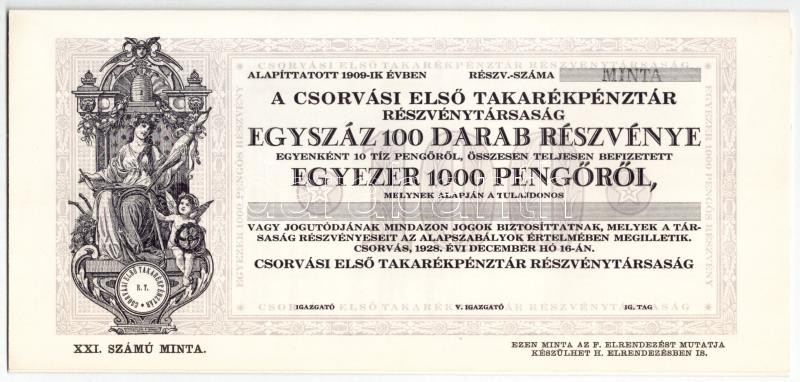 Csorvás 1928. 'Csorvási Első Takarékpénztár Részvénytársaság' 100db részvénye összesen 1000P-ről, 'MINTA', szelvényekkel T:I-