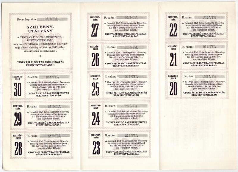 Csorvás 1928. 'Csorvási Első Takarékpénztár Részvénytársaság' 100db részvénye összesen 1000P-ről, 'MINTA', szelvényekkel T:I- - Image 2