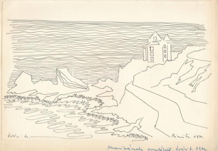 Óvári László (1926-88): Biarritz, 1970-es évek. Tus, papír, jelzett, Óvári László autográf ajándékozási soraival 1974-ből. 19x29 cm.