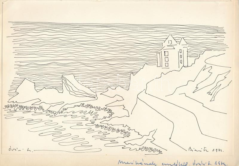 Óvári László (1926-88): Biarritz, 1970-es évek. Tus, papír, jelzett, Óvári László autográf ajándékozási soraival 1974-ből. 19x29 cm.