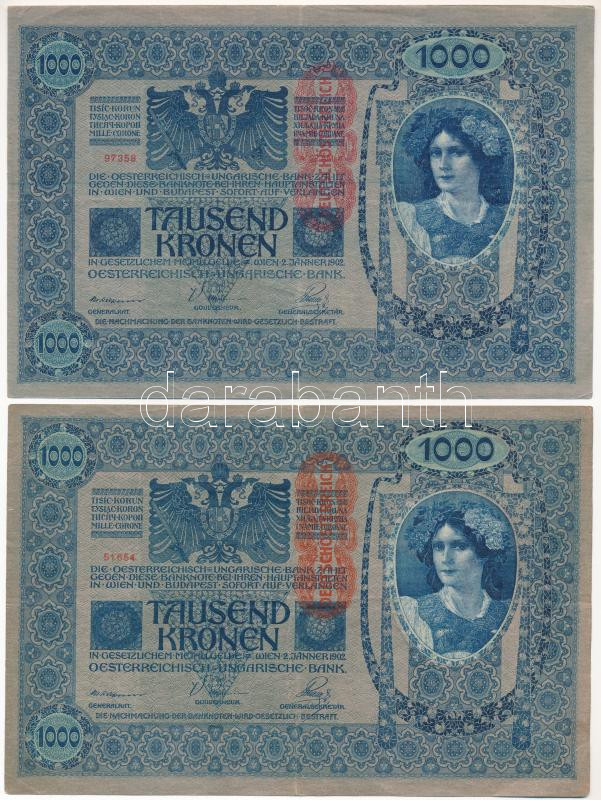 Ausztria 1902. (1920) 1000K (2x) piros függőleges 'Deutschösterreich' felülbélyegzéssel (eltérő árnyalatok) mindkét oldal német T:III Austria 1902. (1920) 1000K (2x) red vertical 'Deutschösterreich' overstamp (different shades) both