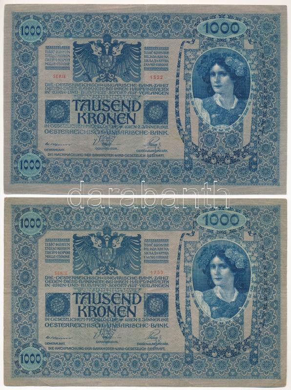 Ausztria 1902. (1920) 1000K (2x) piros függőleges 'Deutschösterreich' felülbélyegzéssel (eltérő árnyalatok) mindkét oldal német T:III Austria 1902. (1920) 1000K (2x) red vertical 'Deutschösterreich' overstamp (different shades) both - Image 2