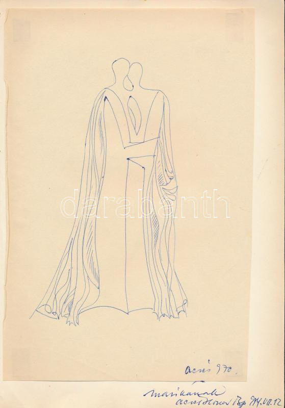 Aczél Ilona (1929-2000): Emberpár, 1970. Golyóstoll, papír, jelzett, papírra kasírozva, Aczél Ilona autográf ajándékozási soraival 1974-ből. 27x18 cm.