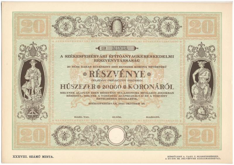 Székesfehérvár 1923. 'Székesfehérvári Építőanyagkereskedelmi Részvénytársaság' 20db részvénye összesen 20.000K-ról, 'MINTA' T:I,I-
