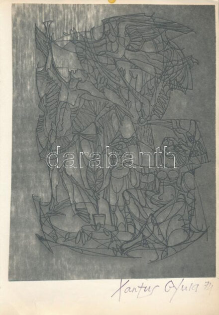 Xantus Gyula (1919-1993): Jelenet, 1974. Nyomat, papír, jelzett, papírra kasírozva, papír széle kissé foltos és kissé sérült, mű ép. 26x19 cm.