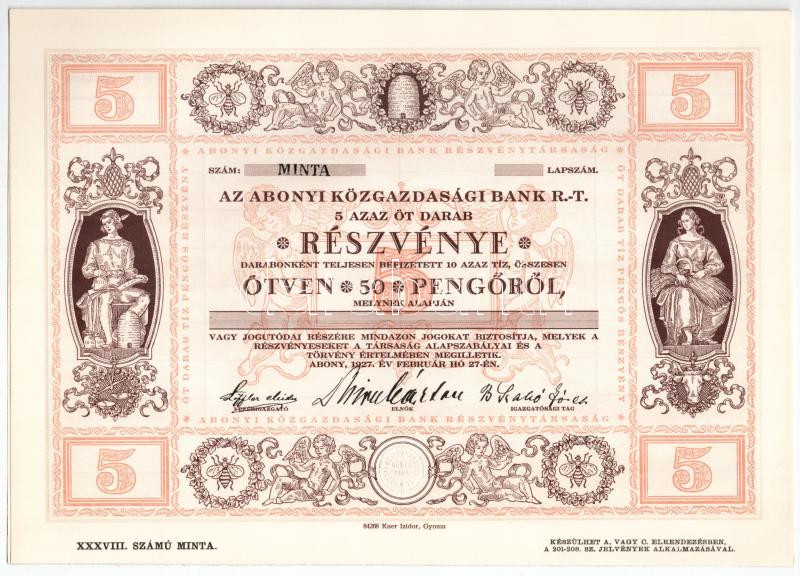 Abony 1927. 'Abonyi Közgazdasági Bank Rt.' 5db részvénye összesen 50P-ről, 'MINTA', szárazpecséttel, szelvényekkel T:I