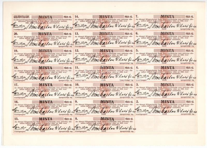 Abony 1927. 'Abonyi Közgazdasági Bank Rt.' 5db részvénye összesen 50P-ről, 'MINTA', szárazpecséttel, szelvényekkel T:I - Image 2