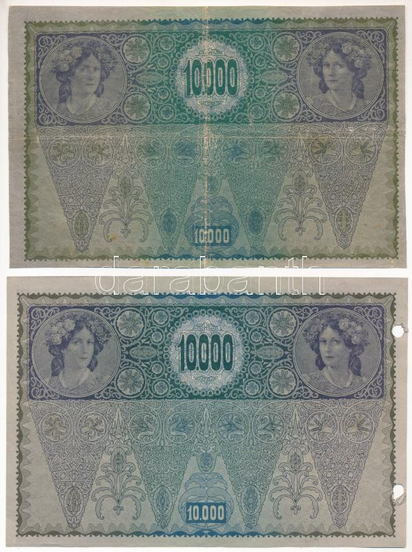 Ausztria 1918. 10.000K (2x) '1726 79822 - II. Kiadás','1242 92068' hátlap rajzos, vízszintes 'DEUTSCHÖSTERREICH' felülbélyegzéssel T:II,III- egyik lefűzés miatt lukasztva Austria 1918. 10.000 Kronen (2x) '1726 79822 - II. AUFLAGE','1242 - Image 2