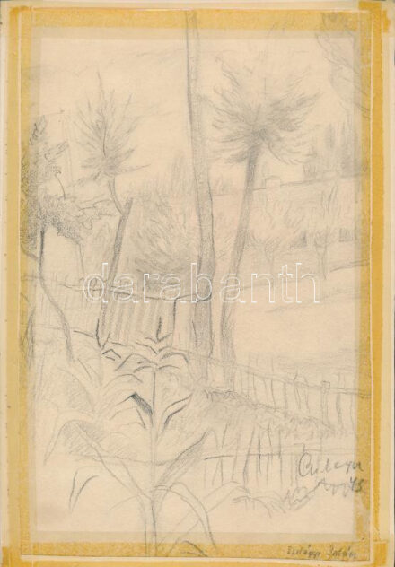 Szilágyi Jolán, Szamuely Tiborné (1895-1971): Kert, 1973. Ceruza, papír, jelzett, papírra ragasztva. 29x18 cm.