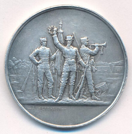 Franciaország ~1920. peremen jelzett Ag lövész emlékérem. Szign.: A. Bertrand (16,56g/34mm) T:1- patina, ph France ~1920. hallmarked Ag Riffle Shooting Contest commemorative medallion. Sign.: A Bertrand (16,56g/34mm) C:AU patina, edge error