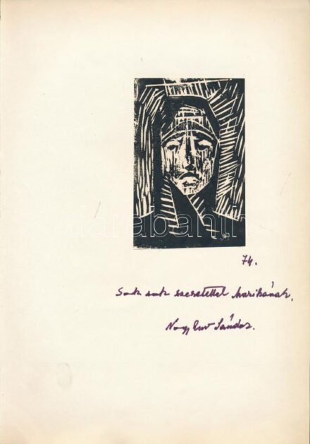 Nagy Ernő Sándor (1926-2013): Női portré. Fametszet, papír, jelzett, papírra kasírozva, papír alján autográf felirattal. 11x7,5 cm.