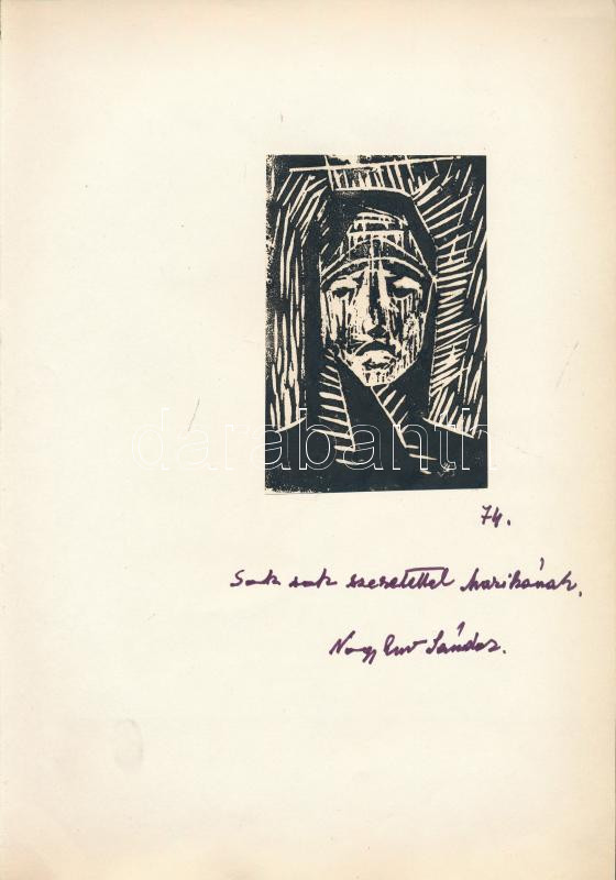 Nagy Ernő Sándor (1926-2013): Női portré. Fametszet, papír, jelzett, papírra kasírozva, papír alján autográf felirattal. 11x7,5 cm.