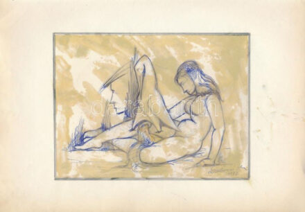 Dabóczi Mihály (1905-1980): Női akt madárral, 1977. Vegyes technika, papír, jelzett, papírra kasírozva. 14x18,5 cm.