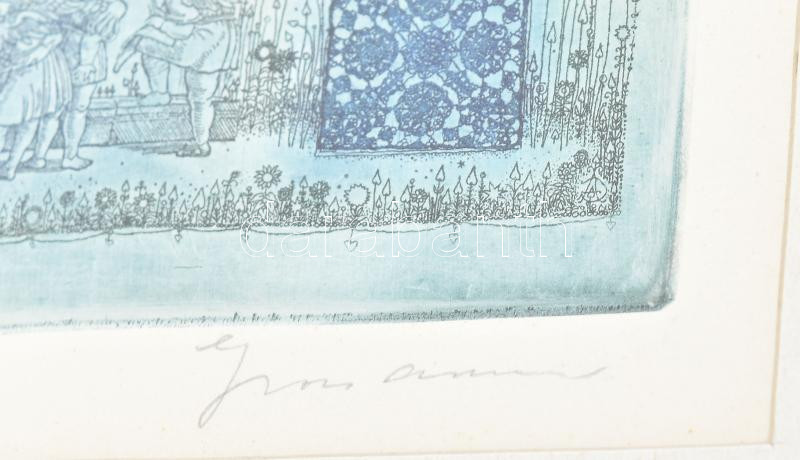 Gross Arnold (1929-2015): Reneszánsz. Rézkarc, papír, jelzett, próbanyomat. Üvegezett keretben 18x29 cm - Image 2