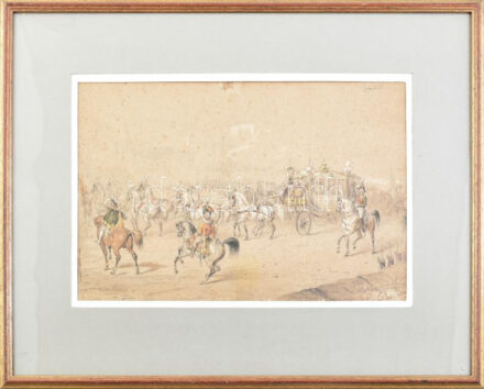 Azonosítatlan jelzéssel XIX. sz. közepe. Ferenc József császár, kíséretével. Akvarell, papír. Sérüléssel. 25x37 cm Üvegezett kerteben