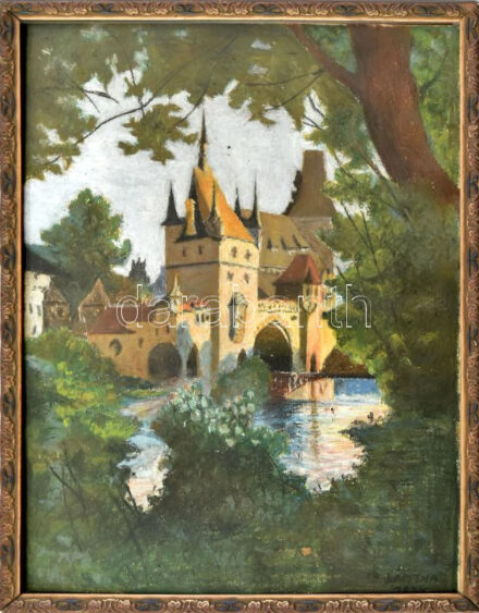Bántha 1924 jelzéssel: Vajdahunyad vára. Akvarell, papír. 22x32 cm Üvegezett keretben.