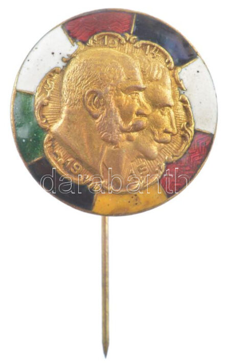 Osztrák-Magyar Monarchia 1915. Aranyozott, zománcozott fém patrióta kitűző, Ferenc József és II. Vilmos arcképével (24mm) T:2 zománchiba Austro-Hungarian Monarchy 1915. Gold plated enamelled metal patriotic pin, with the portrait of