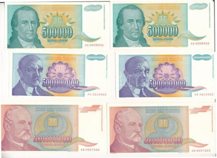 Jugoszlávia 1993. 500.000D (2x) sorszámkövetők 'AA 0009431 - AA 0009432' + 500.000.000D (2x) sorszámkövetők 'AA 3214903 - AA 3214904' + 500.000.000.000D (2x) sorszámkövetők 'AB 0557262 - AB 0557263' T:I,I- az egyiken kis folt Yugoslavia
