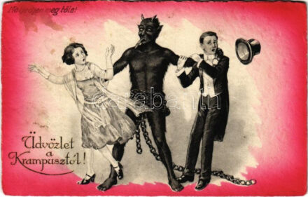 1931 Üdvözlet a Krampusztól! / Krampus with chains and married couple (fl)