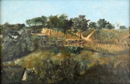 Olvashatatlan jelzéssel: Dombos táj. Olaj, vászon. Dekoratív szecessziós, sérült fakeretben. 20x33 cm