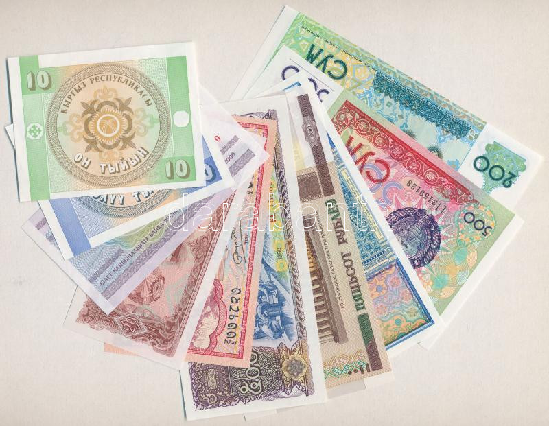 10 darabos vegyes külföldi bankjegy tétel, közte Laosz, Fehéroroszország, Kirgizisztán, Üzbegisztán T:I 10 pieces mixed banknote lot, among Laos, Belorussia, Kirizistan, Uzbekistan C:UNC