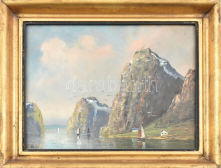 Mérey László (a XX. század első felében alkotott): Vitorlások. Olaj, karton, jelzett. Dekoratív, kissé sérült üvegezett fakeretben, 30x40 cm