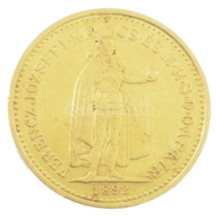 1892KB 10K Au 'Ferenc József' Körmöcbánya (3,37g/0.900) T:2 Hungary 1892KB 10 Korona Au 'Franz Joseph' Kremnitz (3,37g/0.900) C:XF Adamo K8