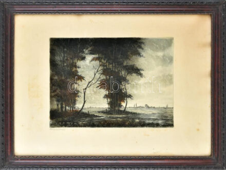 Paulovits Pál (1892-1975): Keresztútnál. Színezett rézkarc, papír, jelzés nélkül, Paulovits Pál autográf címadásával. Kissé foltos. 25,5×35 cm. Dekoratív üvegezett fakeretben.