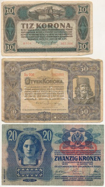 1920. 10K + 1913. 20K 'DEUTSCHÖSTERREICH' felülbélyegzéssel + 1920. 50K T:III-III- szakadás, ly. Adamo K25, Adamo K14