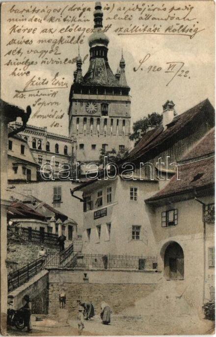 1920 Segesvár, Schässburg, Sighisoara; tér és toronyóra, W. Schwarz üzlete. W. Nagy kiadása / Partie am Stundturm / square, clock tower, shop (r)
