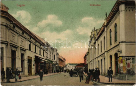 1911 Lugos, Lugoj; Király utca, üzletek. Szidon József kiadása / street view, shops (ázott sarok / wet corner)
