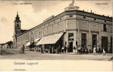 Lugos, Lugoj; Római katolikus templom, Amigó kávéház. Auspitz Adolf kiadása / Catholic church, café (fa)